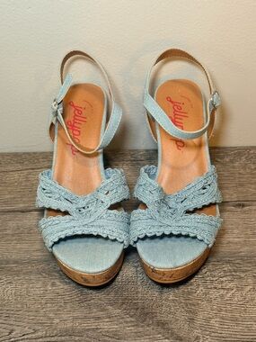 NWOT Jellypop Kauai Wedge Sandals 8.5 Light Blue Denim Boho Crochet Platform
